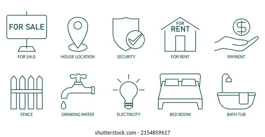 icono inmobiliario conjunto ilustración vectorial para la venta, bañera, ubicación de la casa, valla, agua potable, electricidad, seguridad para el alquiler, pago