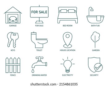 Immobiliensymbol set vektorgrafik Garage, fertige verkauf, schlafzimmer, wanne, toilette, house location, garten, schlüssel, zaun, trinkwasser, strom, sicherheit