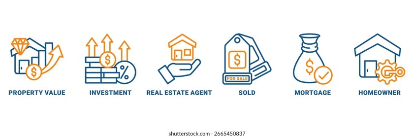 Ícone imobiliário definir conceito vetorial com ícone de valor de propriedade, investimento, agente imobiliário, vendido, hipoteca, proprietário