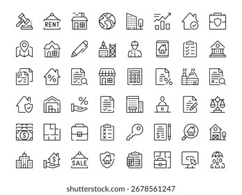 Conjunto de iconos de bienes raíces. colección de iconos de línea de Vector. Símbolos de contorno. Diseño moderno