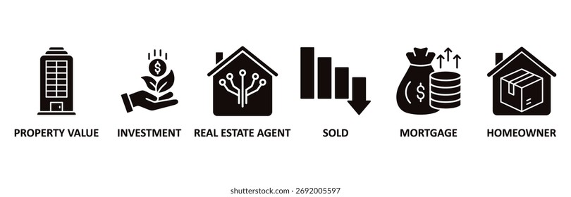 Ícone imobiliário definir ilustração vetorial para valor da propriedade, investimento, agente imobiliário, vendido, hipoteca e proprietário