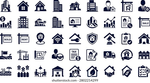 Real Estate Icon Set with Villa and Commercial Building Symbols