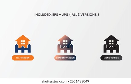 A real estate icon showing a house with fencing, symbolizing a gated community. Provided in mono, flat, and gradient variations for real estate and property designs.