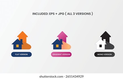 Real estate icon with two houses and an upward arrow, representing growth, upgrade, or property value rise. Provided in mono, flat, and gradient versions for multipurpose use.