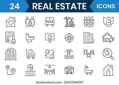 Real estate icon vector set collection. Line icon of Real estate, property, buying, renting, house, apartment, sale, rent, mortgage, home vector. Vector illustration.