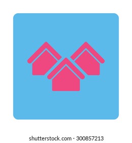 Real estate icon. Vector style is pink and blue colors, flat rounded square button on a white background.