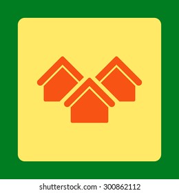Real estate icon. Vector style is orange and yellow colors, flat rounded square button on a green background.