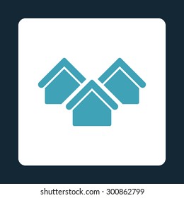 Real estate icon. Vector style is blue and white colors, flat rounded square button on a dark blue background.