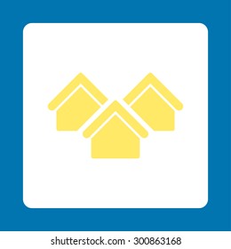 Real estate icon. Vector style is yellow and white colors, flat rounded square button on a blue background.