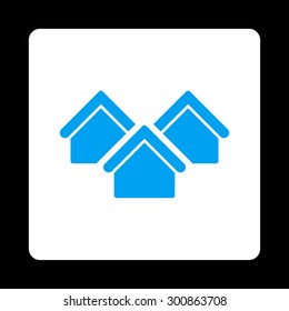 Real estate icon. Vector style is blue and white colors, flat rounded square button on a black background.