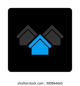 Real estate icon. Vector style is gray and light blue colors, flat rounded square black button on a white background.