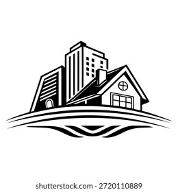 El icono inmobiliario combina visualmente una silueta de casa suburbana tradicional con agudas torres de gran altura contemporáneas que ilustran un espectro completo de tipos de propiedades para inversores.