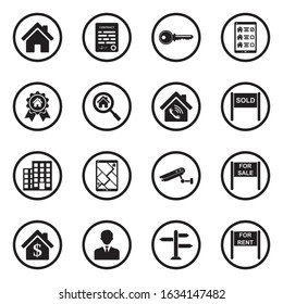 Real Estate Icons. Black Flat Design In Circle. Vector Illustration.