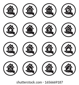 Real Estate Icons. Black Flat Design In Circle. Vector Illustration.