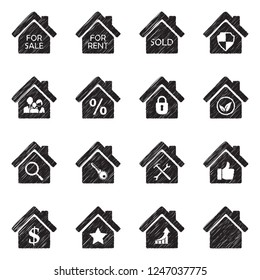 Real Estate Icons. Black Scribble Design. Vector Illustration.