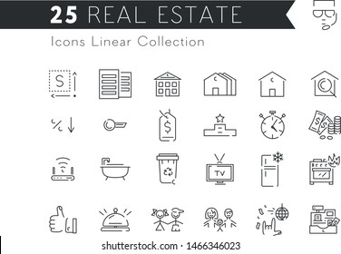 Real estate icons collection, 25 linear thin icons set. Business isolated symbols.