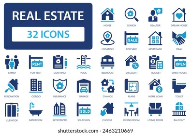 Immobiliensymbole Kollektion. Immobiliensuche, Hausverkauf und Vermietung. Immobilienmakler, Schlüssel, kaufen, verkaufen, Küche, Schlafzimmer, Haus. Einfaches, flaches Vektorgrafik-Symbol.