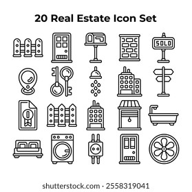 real estate icons feature houses keys fences and more.