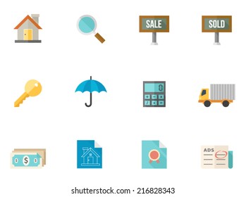 Real estate icons in flat color style