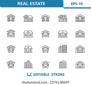 Real Estate Icons. Garage, Car Park, House, Home, Mansion, Apartment Building. Professional, 32x32 pixel perfect vector icon. Editable Stroke