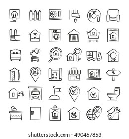 real estate icons, hand drawn icons