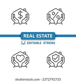 Real Estate Icons. Hand, Hands, House, Home Icon. Professional, 32x32 pixel perfect vector icon. Editable Stroke