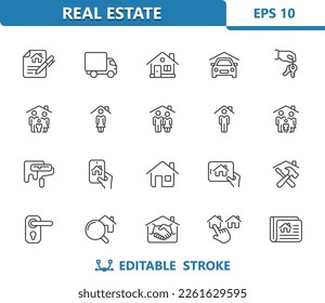 Real Estate Icons. Home, House, Building, Realtor, Family. Professional, 32x32 pixel perfect vector icon. Editable Stroke