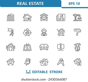 Iconos inmobiliarios. Hogar, Casa, Inmobiliaria, Edificio. Profesional, icono de vector perfecto de 32x32 píxeles. Trazo editable