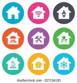Real estate icons. Home insurance, maternity hospital and wifi internet signs. Restaurant, service and air conditioning symbols. Flat circle buttons. Vector