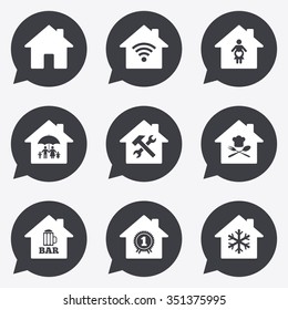 Real estate icons. Home insurance, maternity hospital and wifi internet signs. Restaurant, service and air conditioning symbols. Flat icons in speech bubble pointers.