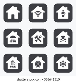 Real estate icons. Home insurance, maternity hospital and wifi internet signs. Restaurant, service and air conditioning symbols. Flat square buttons with rounded corners.