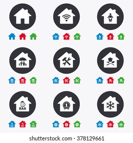 Real estate icons. Home insurance, maternity hospital and wifi internet signs. Restaurant, service and air conditioning symbols. Flat circle buttons with icons.