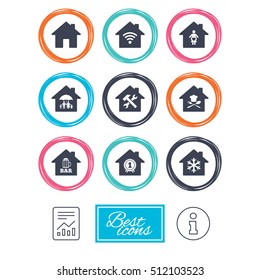 Real estate icons. Home insurance, maternity hospital and wifi internet signs. Restaurant, service and air conditioning symbols. Report document, information icons. Vector