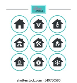 Real estate icons. Home insurance, maternity hospital and wifi internet signs. Restaurant, service and air conditioning symbols. Round flat buttons with icons. Vector