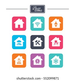 Real estate icons. Home insurance, maternity hospital and wifi internet signs. Restaurant, service and air conditioning symbols. Colorful flat square buttons with icons. Vector
