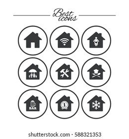 Real estate icons. Home insurance, maternity hospital and wifi internet signs. Restaurant, service and air conditioning symbols. Classic simple flat icons. Vector