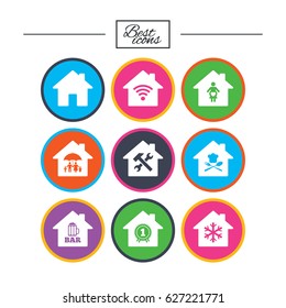 Real estate icons. Home insurance, maternity hospital and wifi internet signs. Restaurant, service and air conditioning symbols. Classic simple flat icons. Vector