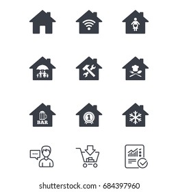Real estate icons. Home , maternity hospital and wifi internet signs. Restaurant, service and air conditioning symbols. Customer service, Shopping cart and Report line signs. Vector