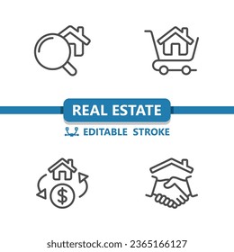 Real Estate Icons. House, Building, Home, Magnifier, Shopping Cart, Price, Hanshake, Deal Icon. Professional, 32x32 pixel perfect vector icon. Editable Stroke