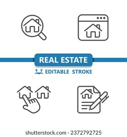 Real Estate Icons. House, Building, Home, Magnifying Glass, Website, Finger, Hand, Contract, Lease Icon. Professional, 32x32 pixel perfect vector icon. Editable Stroke