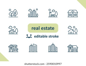 Real estate icons. House, buildings, home vector icon set