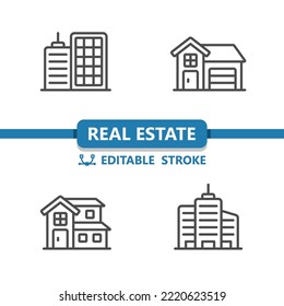 Real Estate Icons. House, Home, Apartment Building, Office Building Icon. Professional, 32x32 pixel perfect vector icon. Editable Stroke