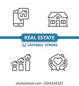 Real Estate Icons. House, Home, Smartphone, Mansion, Graph, Hands Icon. Professional, 32x32 pixel perfect vector icon. Editable Stroke