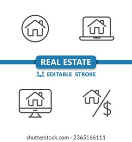 Real Estate Icons. House, Home, Computer, Laptop, Online, Mortgage Icon. Professional, 32x32 pixel perfect vector icon. Editable Stroke