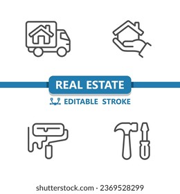 Real Estate Icons. House, Home, Moving Truck, Hand, Paint Roller, Tools Icon. Professional, 32x32 pixel perfect vector icon. Editable Stroke