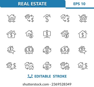 Icons für Immobilien. Haus, Zuhause, Dollar, Preis, Wohnungsmarkt. Professionelles, 32x32 Pixel vollkommenes Vektorsymbol. Bearbeitbarer Stroke