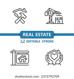 Real Estate Icons. House, Home, Tools, Construction, For Sale Sign, Hands Icon. Professional, 32x32 pixel perfect vector icon. Editable Stroke