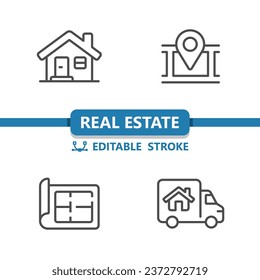 Real Estate Icons. House, Home, Map, Blueprint, Moving Van Icon. Professional, 32x32 pixel perfect vector icon. Editable Stroke