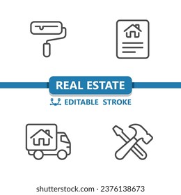 Real Estate Icons. House, Home, Paint Roller, Home Improvement, Lease, Moving Truck, Tools Icon. Professional, 32x32 pixel perfect vector icon. Editable Stroke