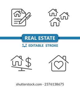 Real Estate Icons. House, Home, Lease, Contract, Houses, Dollar, Dream Home Icon. Professional, 32x32 pixel perfect vector icon. Editable Stroke